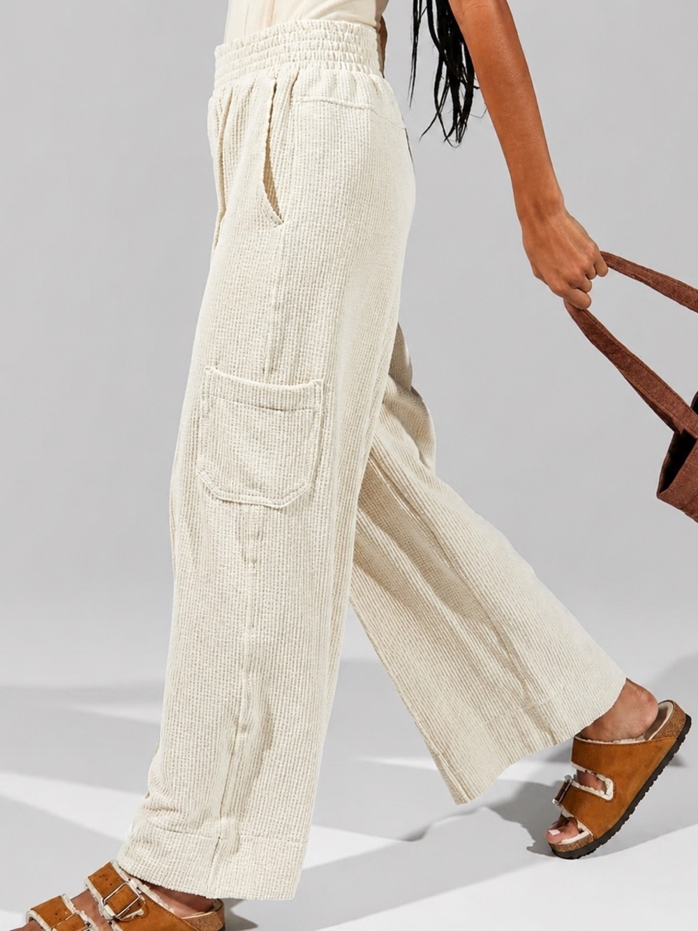 Urban Outfitters Cream Corduroy Wide Leg Cargo Pants Elastic Waist Size M